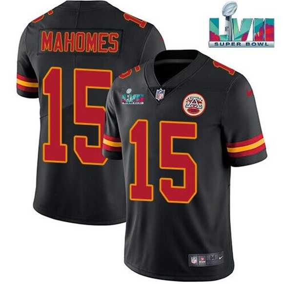 Mens Kansas City Chiefs #15 Patrick Mahomes Black Super Bowl LVII Patch Vapor Untouchable Limited Stitched Jersey